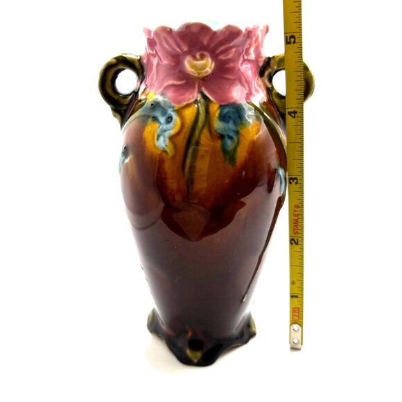 Antique French Art Nouveau Majolica Vase Floral Motif Vivid Colors (READ) - Picture 7 of 12